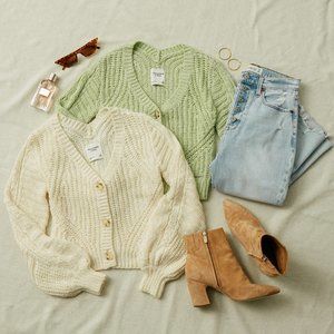 Abercrombie & Fitch Puff Sleeve Crop Cardigan Cream White